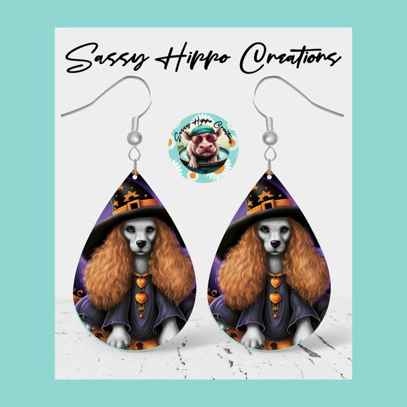 Earrings Halloween Witch Poodle Dog Hand Sublimated Printed on MDF Hook Backs - Picture 1 of 3